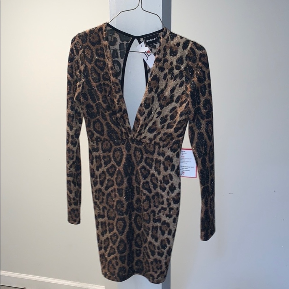 Monaco Animal Print Plunge Long Sleeve Mini Dress